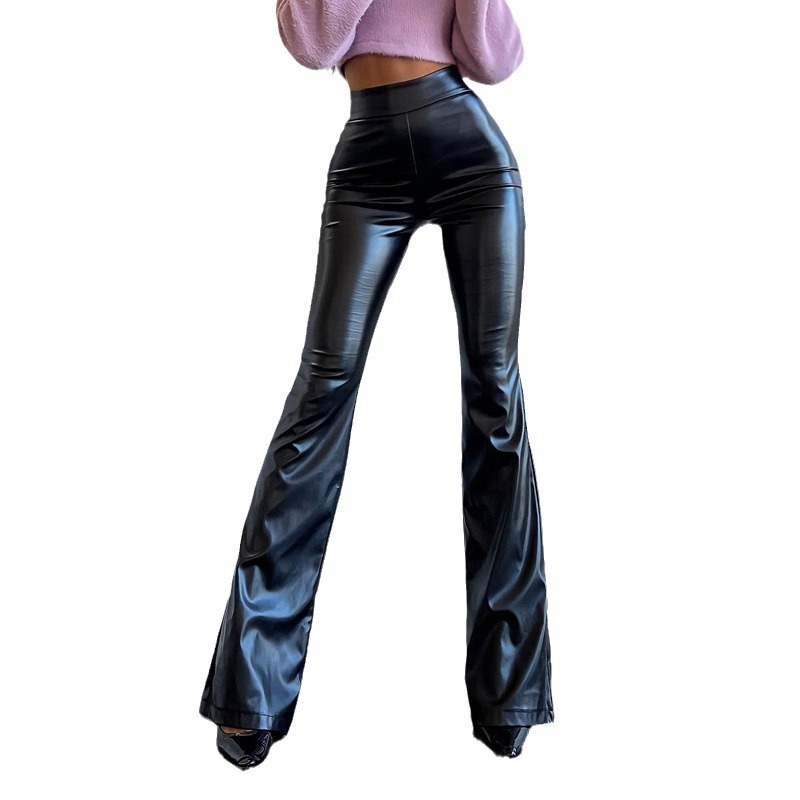 Cross-Border European and American Women's Fashion 2026 Winter New High-Waisted Glossy Pu Leather Pants Black Shiny Flared Long Pants Women's Pants