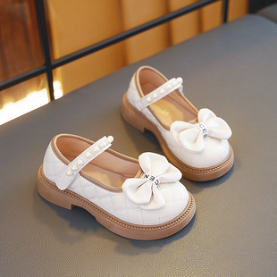 Girls' Leather shoes 2024 Spring and Autumn new black Mary Jane Princess Pearl British style children girls' shoes