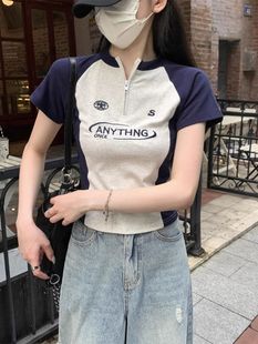 Southeast Asia Cross-border Women's T-shirt Short-sleeved Summer Letter Slim-fit Zipper Vertical Collar Short Color-contrast Unique Top