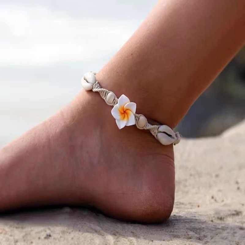 Cross-border anklet new Bohemian hand knotted shell anklet flower woven rope foot ornaments wholesale