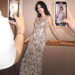Evening Dress Banquet Women's Sequins Tassel Annual Meeting Dress 2024 Entry Luxury Niche French Toasting Dress Bridal Morning Gown