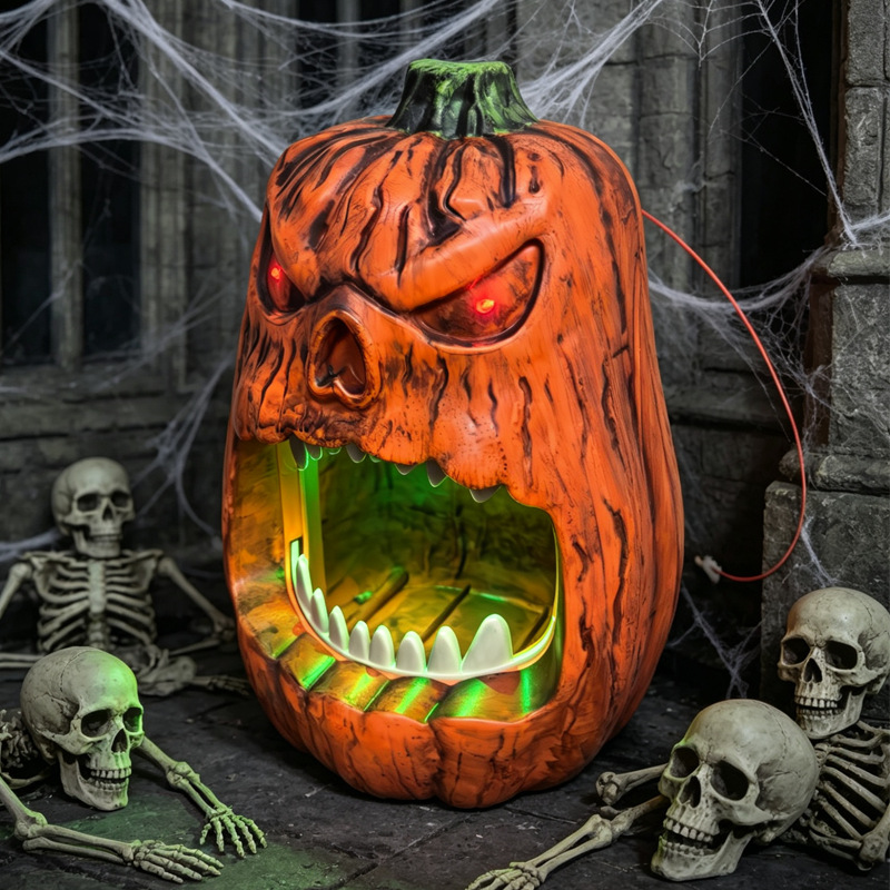Cross-border Halloween horror skull face pumpkin candy storage box, voice-activated light-up pumpkin ornament for holiday parties