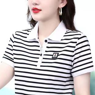 Summer New Striped Short-sleeved T-shirt Lel Women Polo Middle-aged Mother Sports Slimming Casual Top Women's plus size