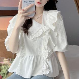 Large Size Women's Clothing Summer Western Style French Puff Sleeve Top chubby girl Doll Collar Age-reducing Slimming Shirt Short Sleeve Small