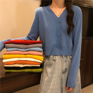 Long-sleeved sweater women's spring and autumn new fashion trend all-match retro Korean-style slimming short coat V-neck top