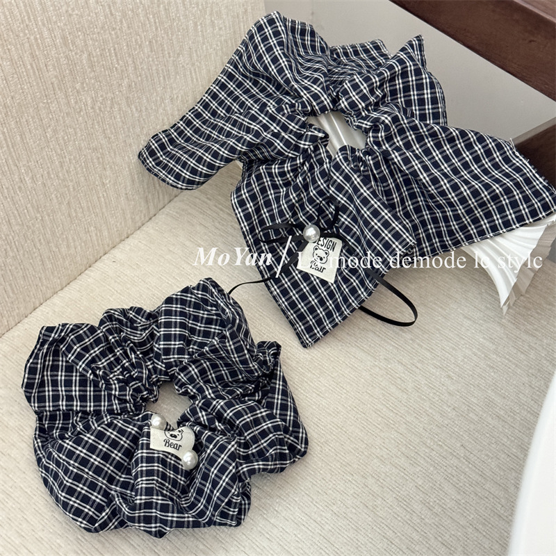 Korean-Style College Navy Plaid Square Scarf Hair Tie with a Niche Design, Elegant Scrunchie for Low Ponytails
