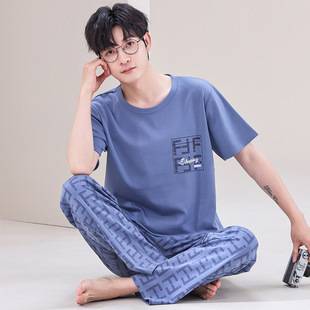 Summer new men's pajamas short-sleeved trousers suit cotton loose casual plus size young boys home wear