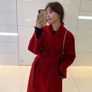 Double-sided Wool Coat Women's Double-breasted Belt Korean-style Loose Slim-fit Black Wool Coat Large Size for Autumn and Winter