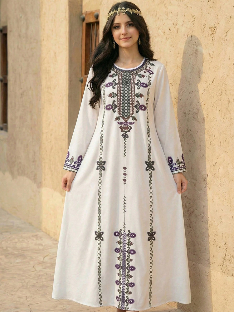 Girls' Ethnic Print Pattern Dress with Gold Lace Trim, Round Neck, Long Sleeves, Casual Loose Fit, Color-Blocking