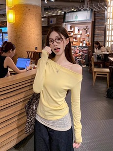 Ram cotton off-shoulder lace T-shirt women's spring and autumn 2024 new hot girl slim-fit short base shirt T-shirt top