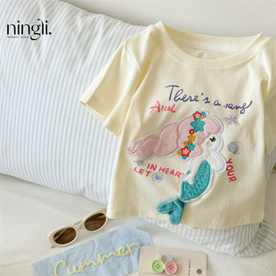 Lime 2025 Children's Wear New Summer Dress Girls' Short-sleeved T-shirt Princess Top Three-dimensional Fishtail Mermaid Clothes Cotton