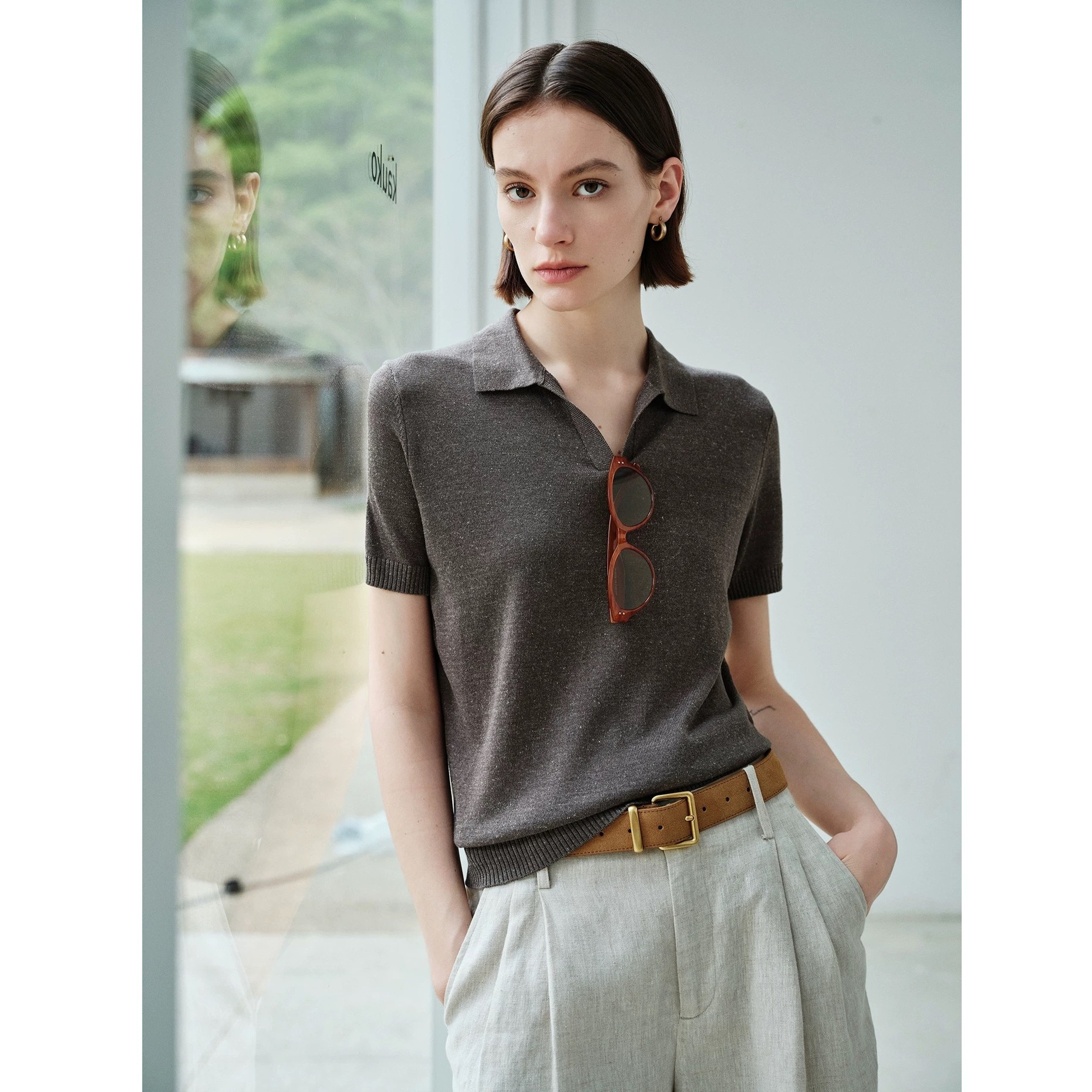 Thin cotton polo collar short-sleeved knit top for women, spring/summer 26, retro V-neck polo shirt.