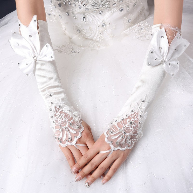 Bridal Gloves with Hook-And-Loop Design, Small Floral Bow, Rhinestone, Mid-Length Satin Embroidery, Fingerless Floral Lace, Hollow-Out Sleeves