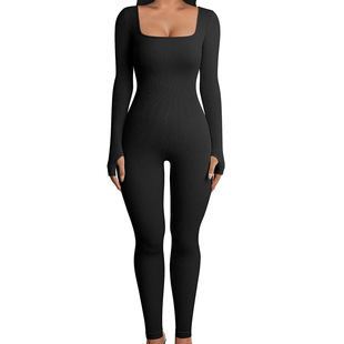 Amazon European and American Foreign trade Women's jumpsuit thread square collar hip lift slim sexy yoga sports jumpsuit pants