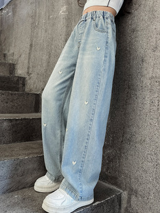 Girls' Jeans Spring and Summer 2025 New Children's Straight Wide Leg Pants Big Boy Girls' Spring and Autumn Pants Junior High School Students