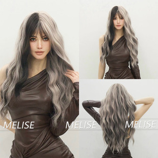 Cross-border new wig with bangs long curly hair fashion black gray dyeing dark feng shui ripple curly hair foreign trade in stock