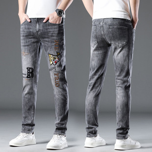 Spring new gray fashion brand embroidered jeans men's youth fashion personality trendy stretch slim fit skinny trousers