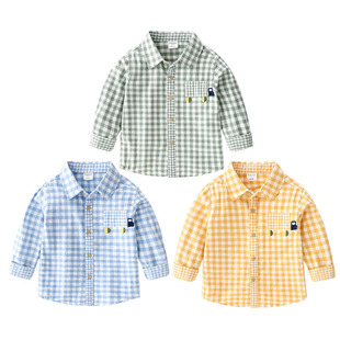 Boys Shirt Plaid Spring and Autumn 2024 New Korean Lapel Baby Shirt Children's Clothing Boys Children's Long Sleeve Top