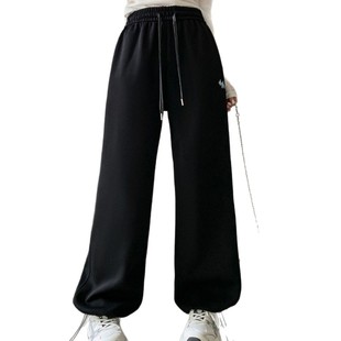 High Waist Drawstring Embroidered Puppy Wide Leg Pants Women's Spring New Loose Casual Straight Leg Two-Wear Sports Pants