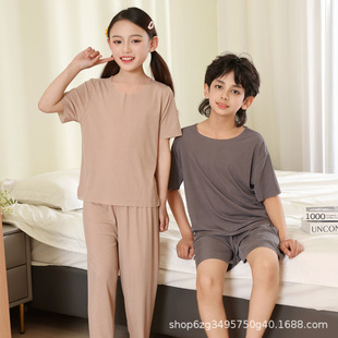 New Boys and Girls Two-piece Home Clothes Three-piece Pajamas Summer Ice Silk Thin Children's Middle and Big Children's Young and Young