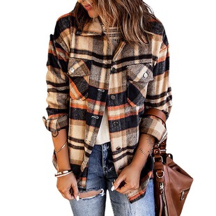 Shiying foreign trade shirt women's autumn and winter 2024 cross-border new printed cardigan coat cross-border long sleeve plaid shirt women