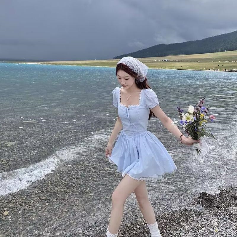 French-Style First Love Sweet Little Blue Dress for Petite Women, Waist-Cinching, Slimming, Square-Necked Short Dress, New Summer Model