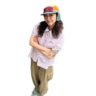 Cross-Border Striped Short-Sleeved Shirt for Women Summer New Pink Shirt Jacket Loose Popular Shirt for Women Factory Direct Sale