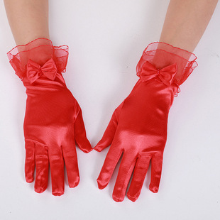 Factory direct short satin bow gloves French retro elegant mesh satin stitching gloves