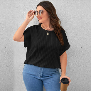European and American Summer Amazon New Explosions Women's Casual Solid Color Vertical Bat Sleeve Loose Short Sleeve Large Size T-shirt