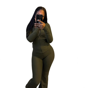European and American sports leisure women's cross-border supply sexy tight long sleeve micro horn two-piece set