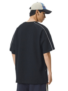 LKTM men's American solid color Ming line stitching short sleeve T-shirt men's and women's heavy cotton 240g loose half sleeve