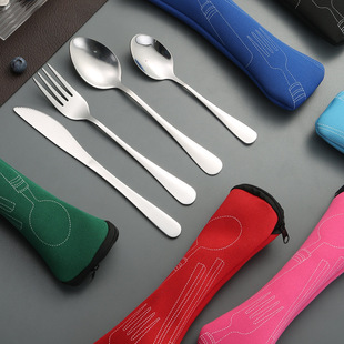Cross-border supply stainless steel tableware knife, fork and spoon three-piece outdoor portable cloth bag dining knife, fork and spoon four main pieces