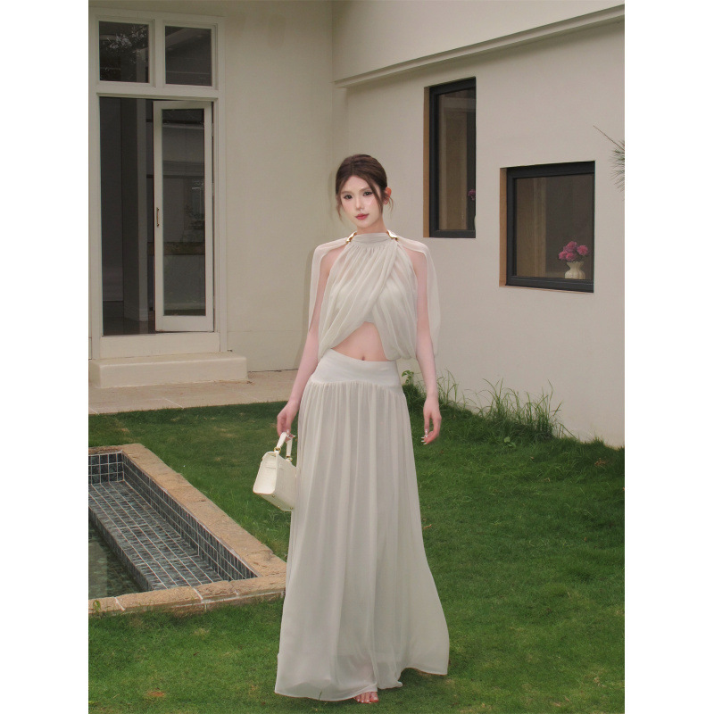 Proseena Breathable Sage Green Elegant Light Luxury Design Cross-Over Top and Long Skirt Set