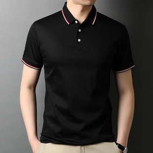 Double Sided Liquid Ammonia mercerized Cotton T-shirt Men's Short Sleeve Polo Shirt 2024 Summer New Light Business Casual Pure Cotton T-shirt