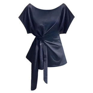 2025 Summer French-Style Off-Shoulder Short-Sleeve T-Shirt with a Pretty Cinched Waist and Tie-Up Off-Shoulder Women's Top