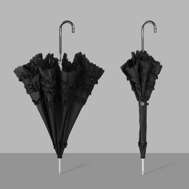 Lolita style long-handled sun umbrella with UPF50+ for both sun and rain, perfect for women.
