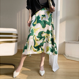 Silk Silk 2024 Spring and Summer Women's Skirt Elegant Printed French Umbrella Skirt Loose High Waist Over Knee A- Line Skirt