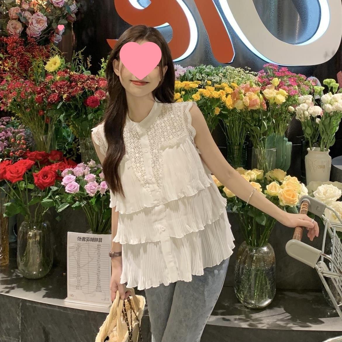 플라잉 슬리브 인형 셔츠 민소매 러플 매우 페어리 레이스 곰팡이 레이스 주름 달콤한 러플 칼라 라운드 넥