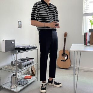 MYQ Striped Short-sleeved Knitted Polo Shirt Men's Summer Korean-style Loose Retro Half-sleeved Knitted Base Shirt Top