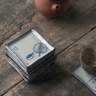 Handmade ceramic tea tray cup holder Square small cup holder household kung fu tea set blue and white hand painted tray Zen coaster