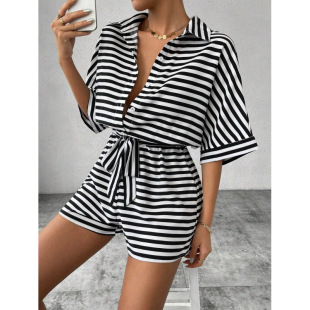 Cross-border 2025 Amazon AliExpress in stock a large number of new summer striped jumpsuits