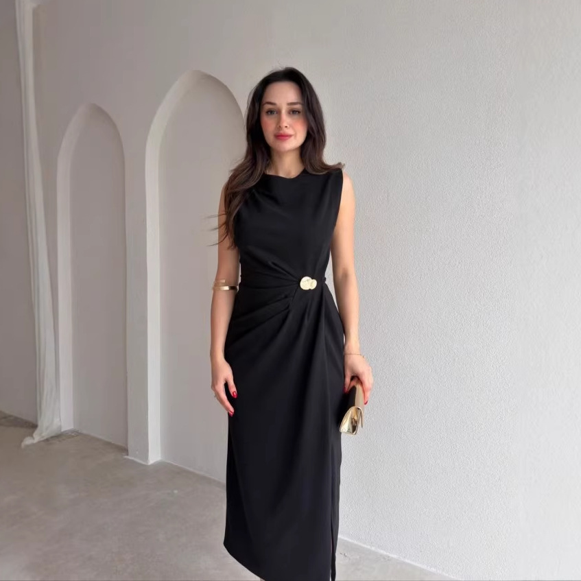 2026 European and American Amazon Cross-Border Foreign Trade Women's New Style Intellectual Style Round Neck Sleeveless Metal Buckle Waist-Cinching Bodycon Dress