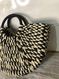 Mori Retro Paper Bag Half Moon Bag Black and White Beach Bag