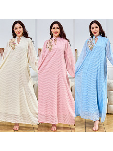 Middle East Women's Ethnic Style Muslim Robe Women's Long Dress Fashion New Beaded Collar Flower Large Swing Dress dress
