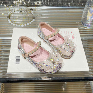 Girls' princess shoes 2023 Winter new western style shiny children's peas shoes bow cute baby leather shoes