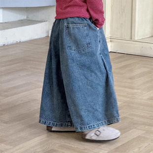 Children's Pants 2025 Spring New Girls' Embroidered Denim Wide Leg Pants Korean Baby Western Style Vintage Culottes