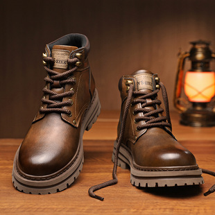 Rhubarb Boots Martin Boots Spring and Winter Men's Genuine Leather Boots Kick-up Height Increase All-match Thick-soled Workwear Men's and Women's Shoes Trendy