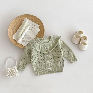 Autumn 2024 New 0-3 Years Old Baby Girl Sweater Hollow Cotton Yarn Knitted Large Lotus Collar Long Sleeve Jacket