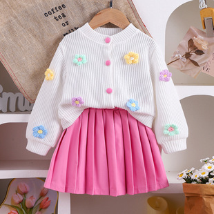Cross-border Foreign Trade Europe and the United States Spring and Autumn Girls' Knitted Three-dimensional Flower Long-sleeved Jacket with Pleated Skirt suit