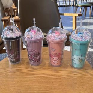 Creative new summer coolomi plastic cup double-layer ice Cup high-looking cute Sanrio straw water Cup